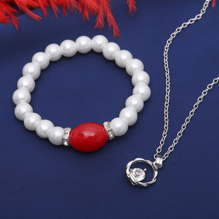 Гарнитур 2 предмета: кулон, браслет "Каролина" классика, цвет бело-красный в серебре, 40см
