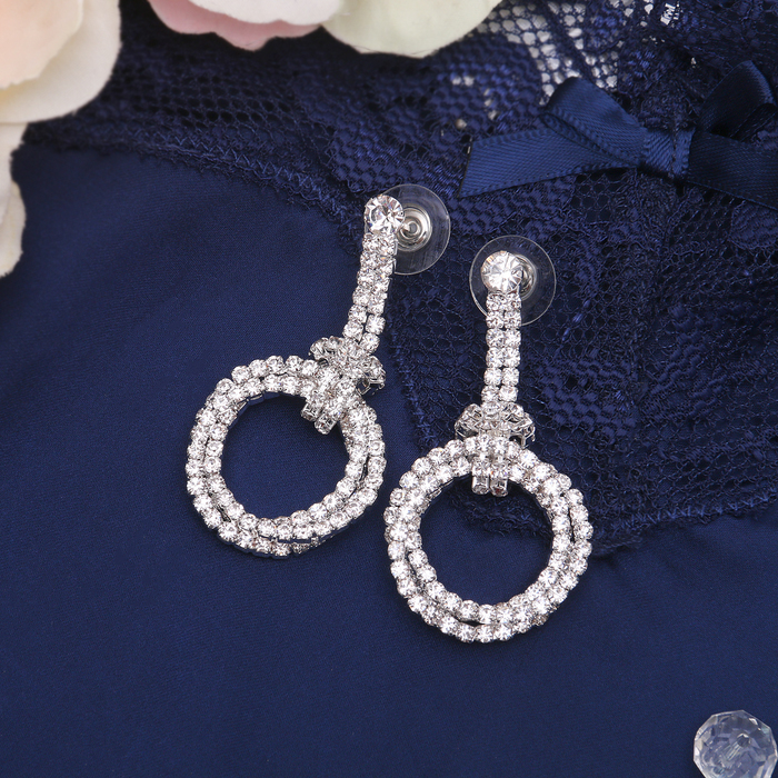 Серьги со стразами Princess круги дуэт, цвет белый в серебре