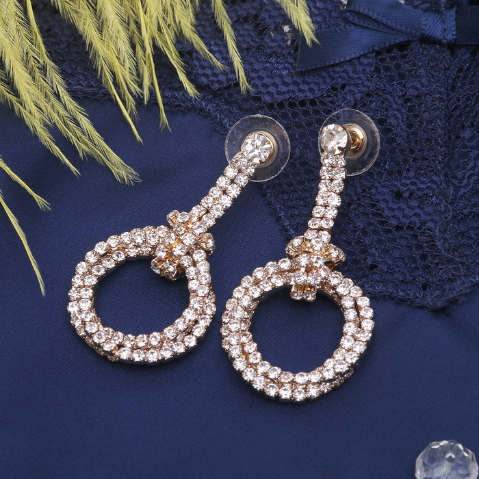 Серьги со стразами Princess круги дуэт, цвет белый в золоте
