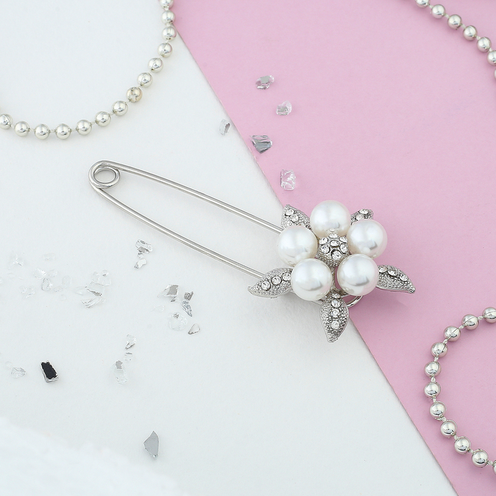Булавка "Цветок жемчужный", 8,5 см, цвет белый в серебре