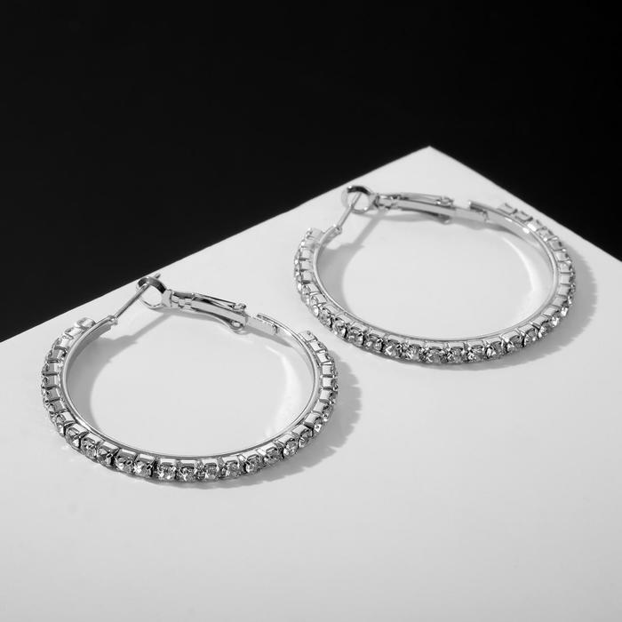 Серьги-кольца Princess дорожка, цвет белый в серебре, d=4 см серьги кольца всплеск чёткая двойная линия d 1 8 см цвет белый в серебре