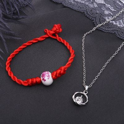 Гарнитур 2 предмета: кулон, браслет "Нить желаний" круг, цвет красно-белый в серебре