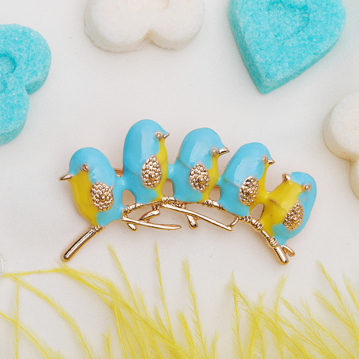 Брошь "Птенчики", цвет желто-голубой в золоте