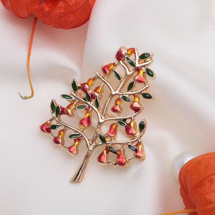 Брошь "Грушевое дерево", цвет оранжево-зеленый в золоте