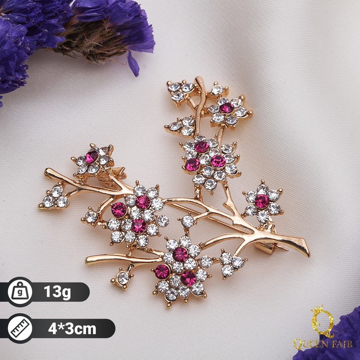 Брошь "Терновник", цвет бело-малиновый в золоте