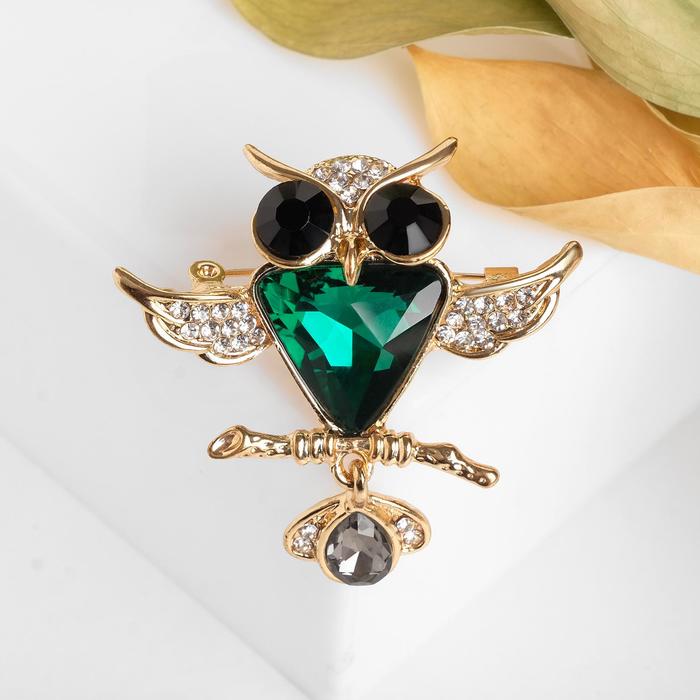 Брошь "Сова-филин", цвет изумрудный в золоте