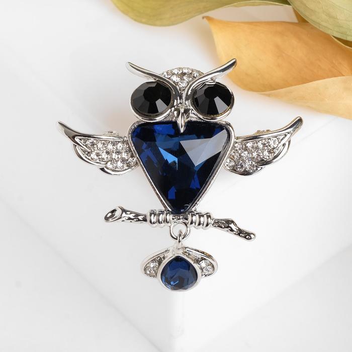 Брошь "Сова-филин", цвет синий в серебре