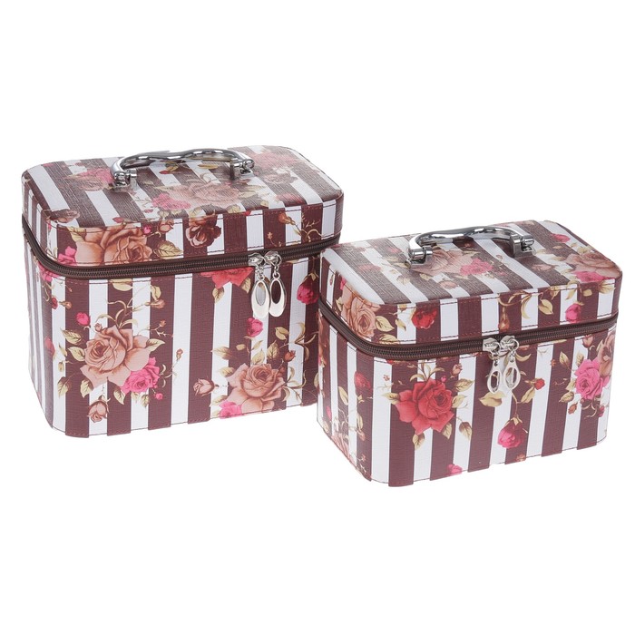 Шкатулка кожзам с зеркалом "Бежевые розы и полоска" набор 2 шт 16,5х22,5х14,5 13х20х8 см