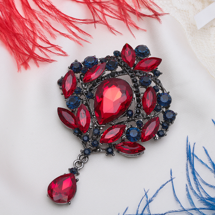 Брошь "Императорская", цвет красно-черный в сером металле