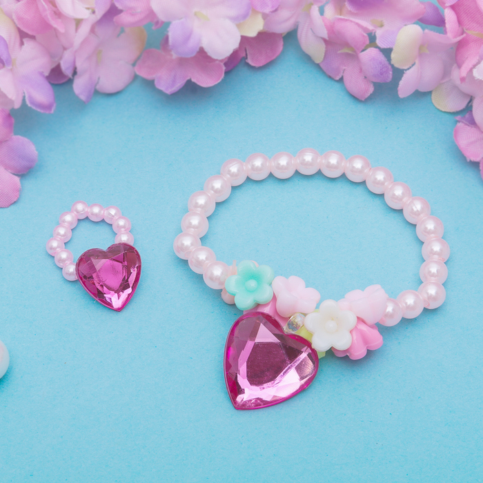 Набор детский "Выбражулька" 2 предмета: браслет, кольцо, сердечки стеклянные, цвет МИКС