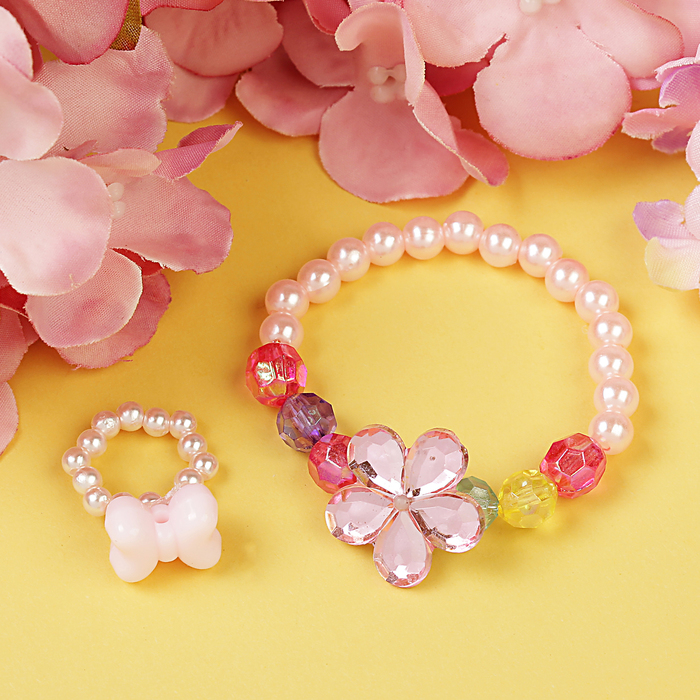 Набор детский "Выбражулька" 2 предмета: браслет, кольцо, цветик стеклянный, цвет МИКС