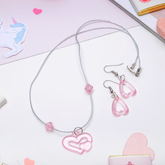 Набор детский "Выбражулька" 2 предмета: сережки, кулон 45см, сердца, цвет МИКС