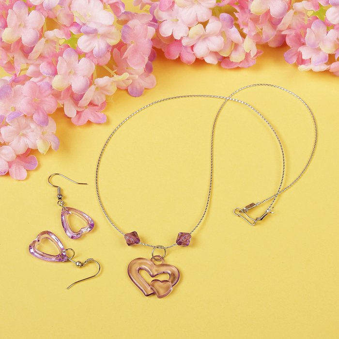 Набор детский "Выбражулька" 2 предмета: сережки, кулон 45см, сердца, цвет МИКС