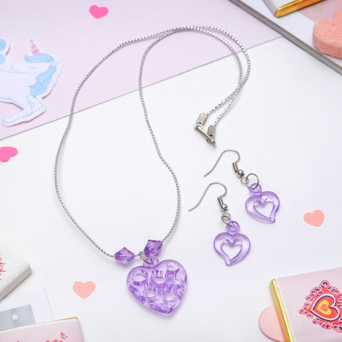 Набор детский "Выбражулька" 2 предмета: сережки, кулон 45см, сердце ажурное, цвет МИКС