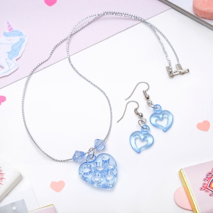 Набор детский "Выбражулька" 2 предмета: сережки, кулон 45см, сердце ажурное, цвет МИКС