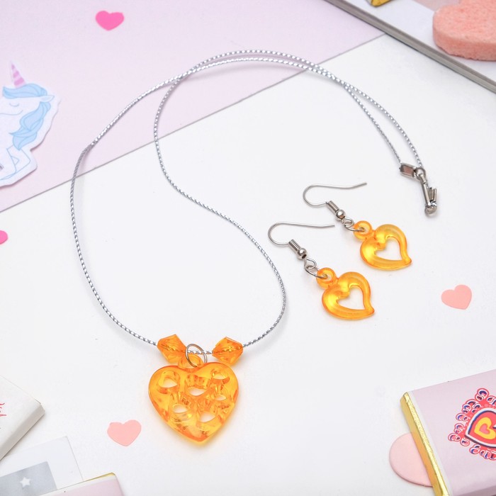 Набор детский "Выбражулька" 2 предмета: сережки, кулон 45см, сердце ажурное, цвет МИКС