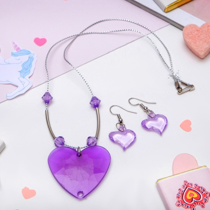 Набор детский "Выбражулька" 2 предмета: сережки, кулон 45см, сердце большое, цвет МИКС