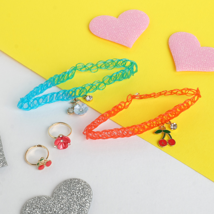 Набор детский "Выбражулька" 4 предмета: 2 чокера, 2 кольца, вишенки, цвет МИКС