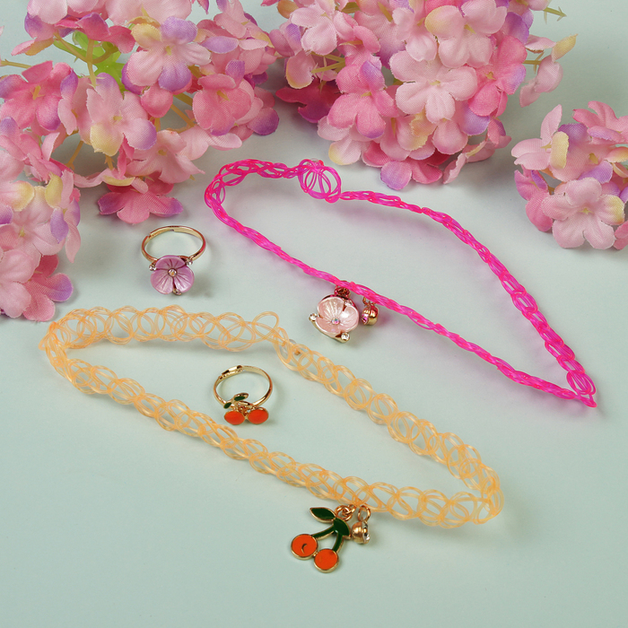 Набор детский "Выбражулька" 4 предмета: 2 чокера, 2 кольца, вишенки, цвет МИКС