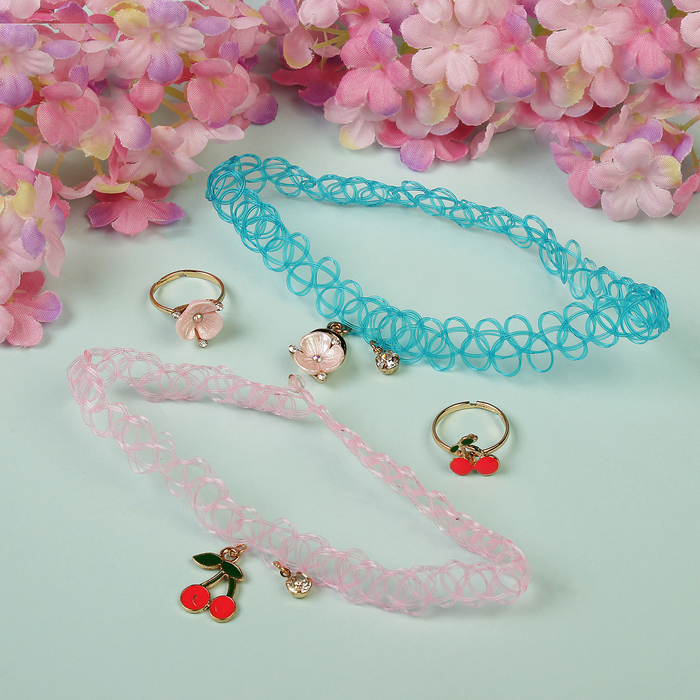 Набор детский "Выбражулька" 4 предмета: 2 чокера, 2 кольца, вишенки, цвет МИКС