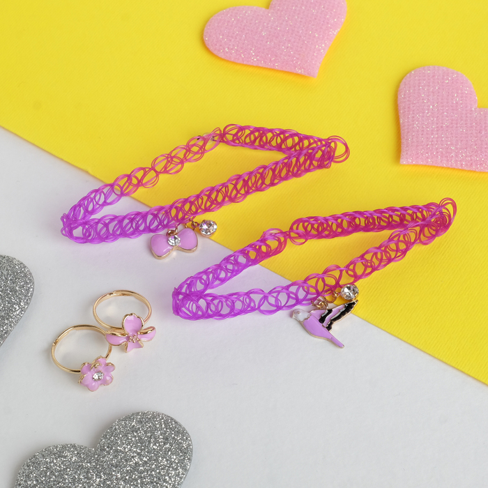 Набор детский "Выбражулька" 4 предмета: 2 чокера, 2 кольца, птичка, цвет МИКС