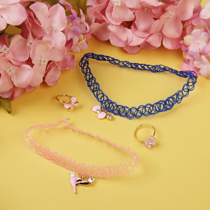 Набор детский "Выбражулька" 4 предмета: 2 чокера, 2 кольца, птичка, цвет МИКС