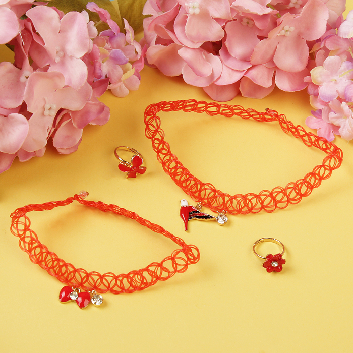 Набор детский "Выбражулька" 4 предмета: 2 чокера, 2 кольца, птичка, цвет МИКС