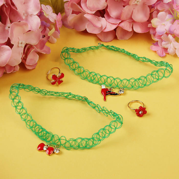 Набор детский "Выбражулька" 4 предмета: 2 чокера, 2 кольца, птичка, цвет МИКС