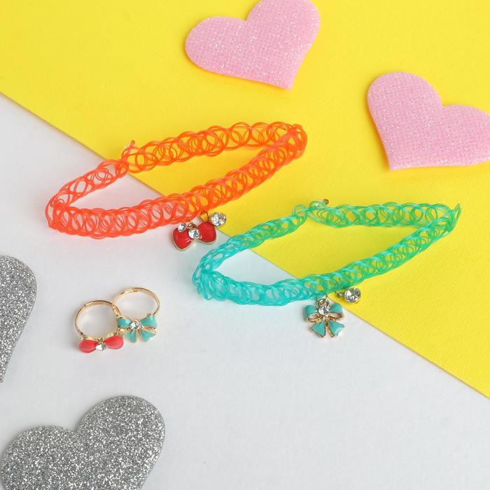 Набор детский "Выбражулька" 4 предмета: 2 чокера, 2 кольца, бантики, цвет МИКС