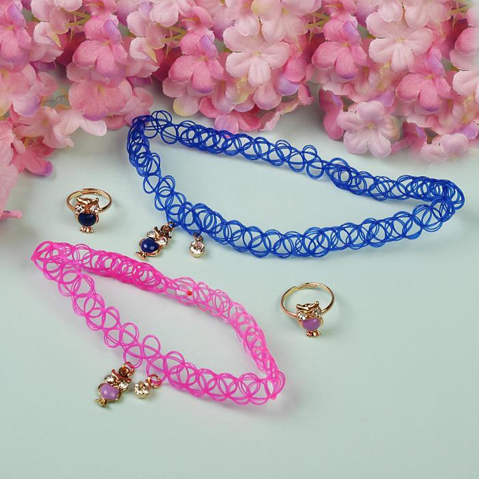 Набор детский "Выбражулька" 4 предмета: 2 чокера, 2 кольца, совушки, цвет МИКС