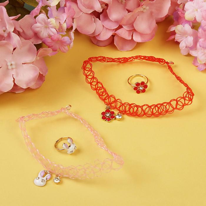 Набор детский "Выбражулька" 4 предмета: 2 чокера, 2 кольца, кролик, цвет МИКС