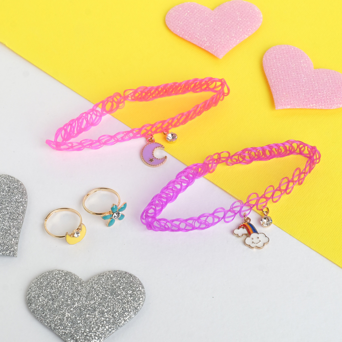 Набор детский "Выбражулька" 4 предмета: 2 чокера, 2 кольца, радуга, цвет МИКС