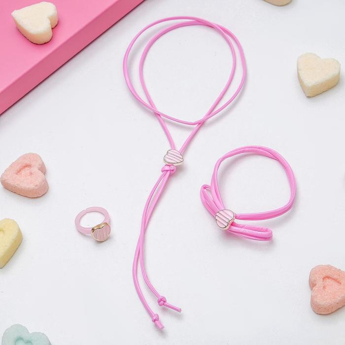 Набор детский "Выбражулька" 3 предмета: кулон, браслет, кольцо, сердечки в полоску, цвет МИКС