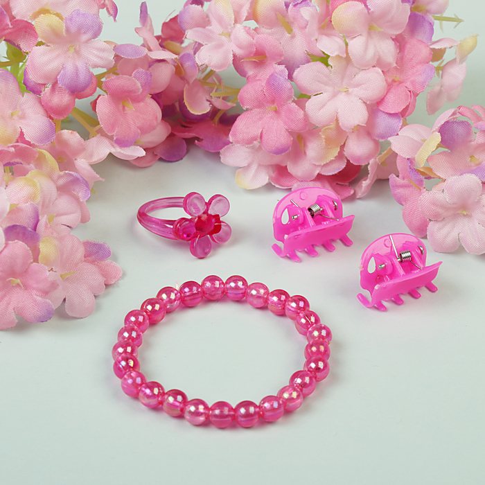 Набор детский "Выбражулька" 4 предмета: 2 крабика, браслет, кольцо, сердца, цвет МИКС