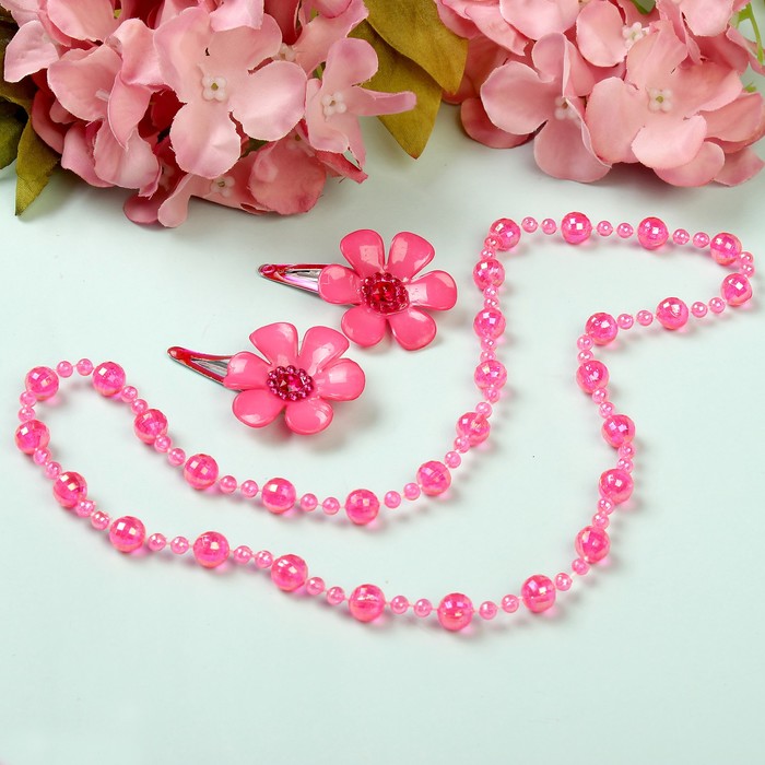 Набор детский "Выбражулька" 3 предмета: 2 заколки, бусы, цветы стеклянные, цвет МИКС