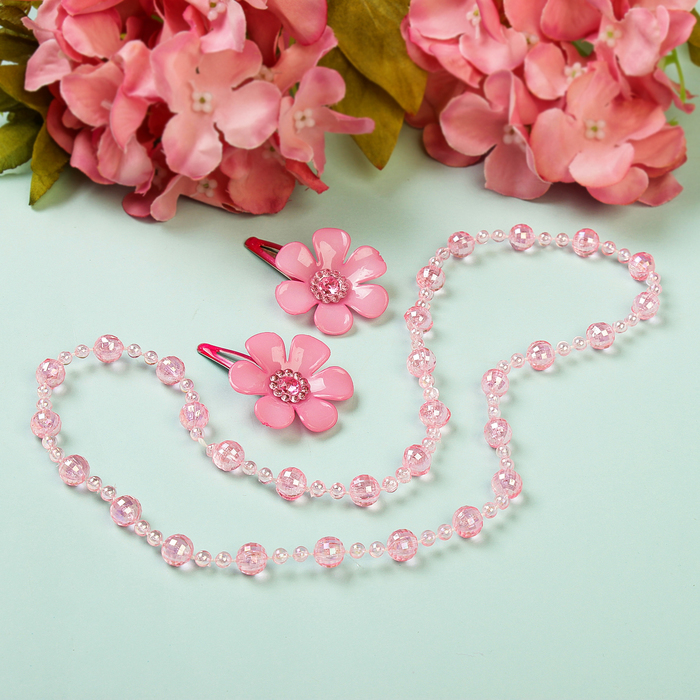 Набор детский "Выбражулька" 3 предмета: 2 заколки, бусы, цветы стеклянные, цвет МИКС