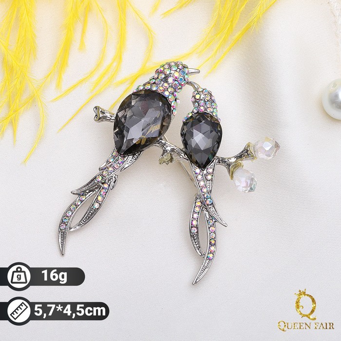 Брошь "Птицы певчие", цвет радужно-зеленый в серебре