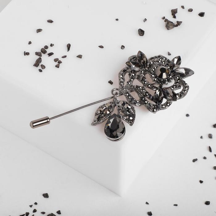Булавка "Роза" с подвеской, 8,8 см, цвет серый в сером металле