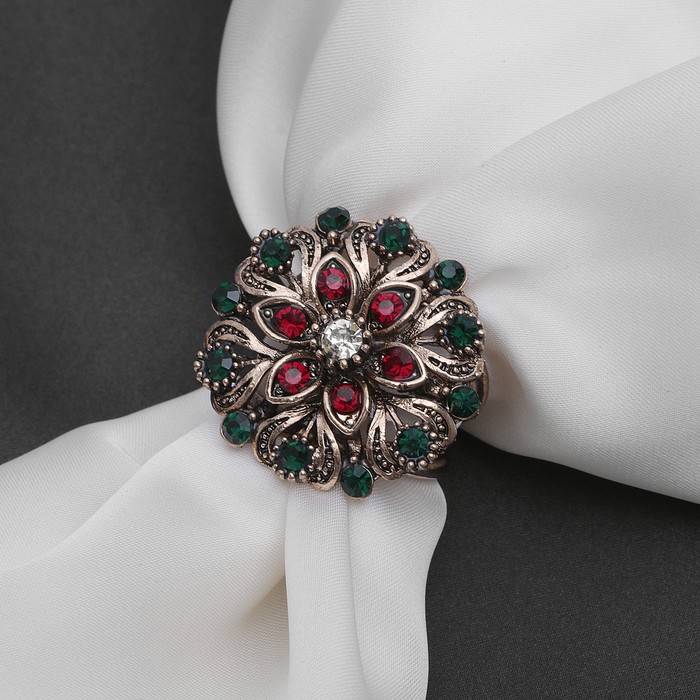 Кольцо для платка "Цветок со стразами", цвет красно-зеленый в черненом золоте