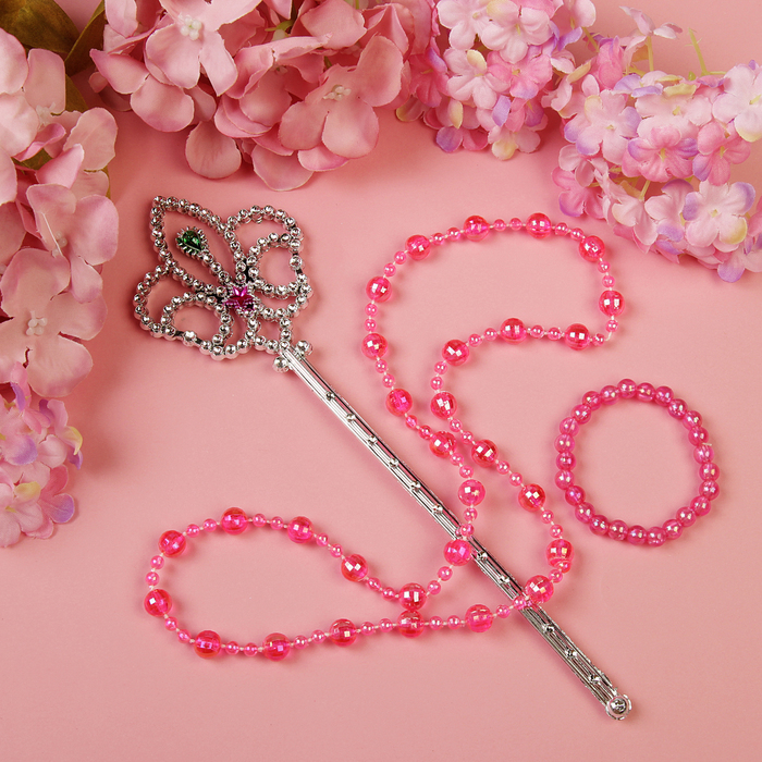 Набор детский "Выбражулька" 3 предмета: бусы, браслет, палочка, бусинки гранёные, цвет и палочка МИКС