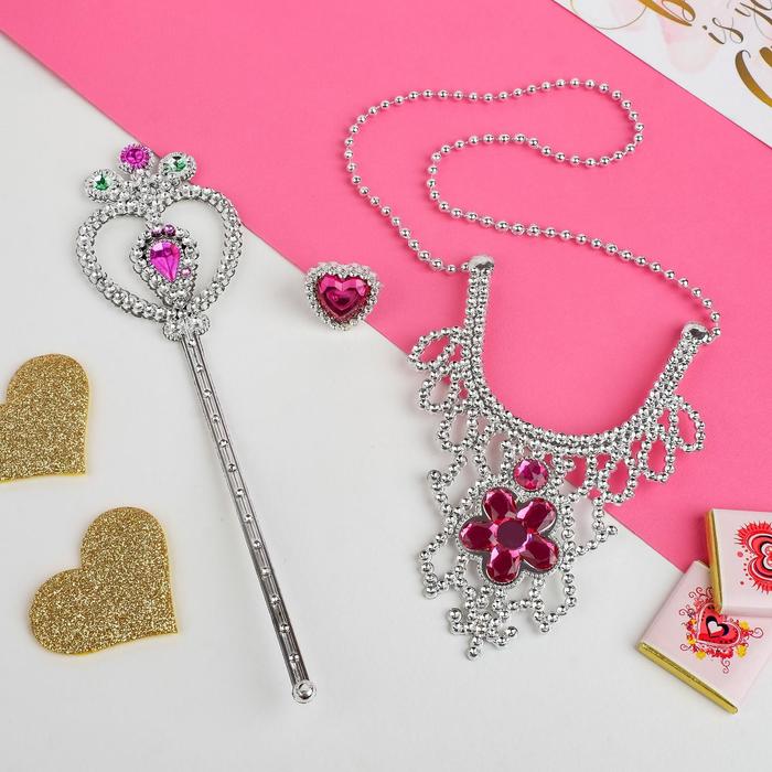 Набор детский "Выбражулька" 3 предмета: колье, кольцо, палочка, сердечки, цвет и палочка МИКС