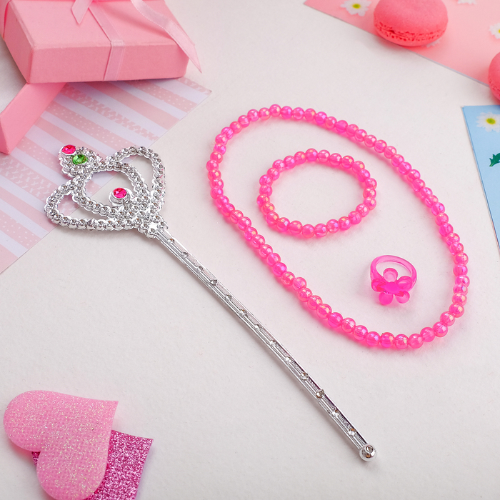 Набор детский "Выбражулька" 4 предмета: бусы, браслет, кольцо, палочка, бусинки, цвет и палочка МИКС