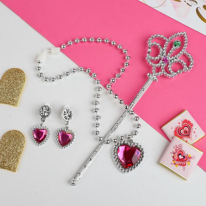 Набор детский "Выбражулька" 3 предмета: клипсы, кулон, палочка, сердечки, цвет и палочка МИКС