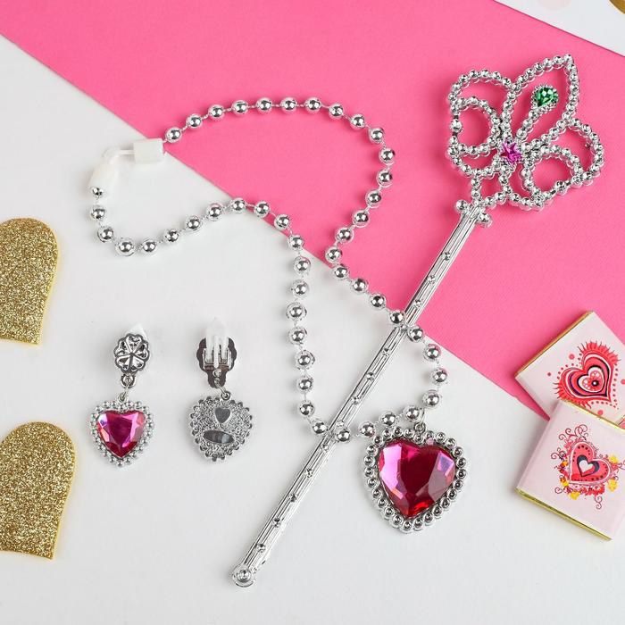 Набор детский "Выбражулька" 3 предмета: клипсы, кулон, палочка, сердечки, цвет и палочка МИКС