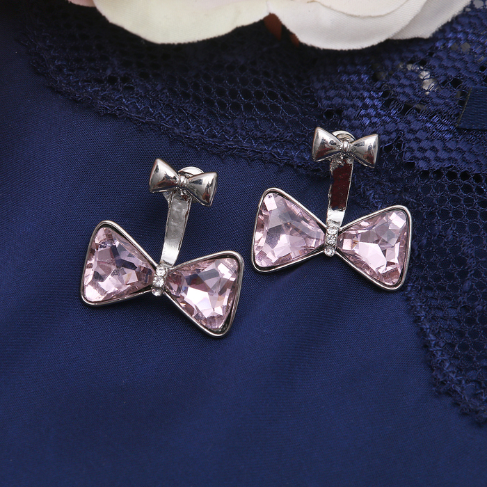 Серьги со стразами "Бантики" дуэт, цвет бело-розовый в серебре