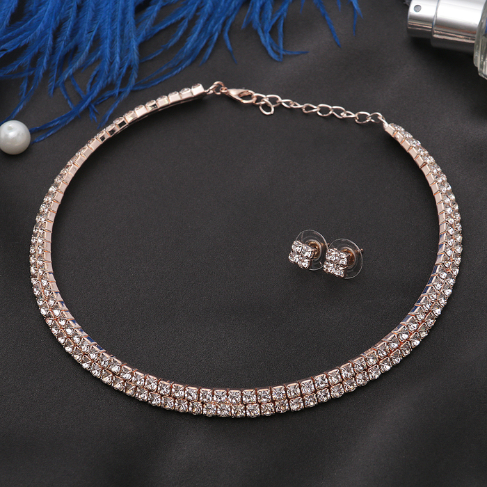 Набор 2 предмета: серьги, колье "Лёд" ноэль, 2 ряда, цвет белый в розовом золоте