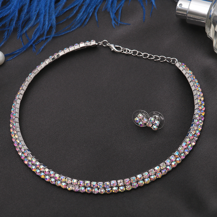 Набор 2 предмета: серьги, колье "Лёд" ноэль, 2 ряда, цвет радужный в серебре