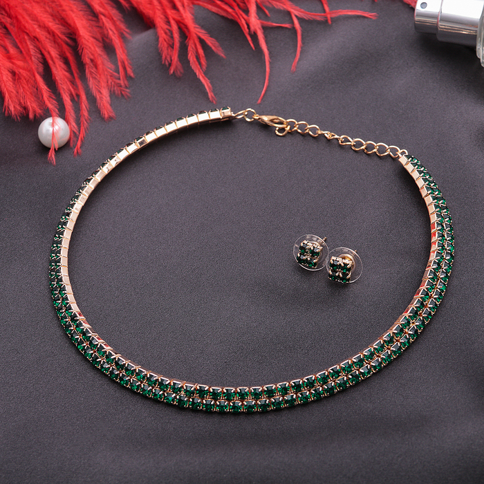 Набор 2 предмета: серьги, колье "Лёд" ноэль, 2 ряда, цвет изумрудный в золоте