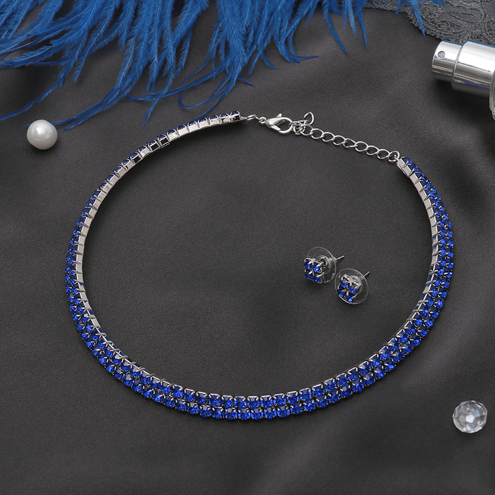 Набор 2 предмета: серьги, колье "Лёд" ноэль, 2 ряда, цвет синий в серебре