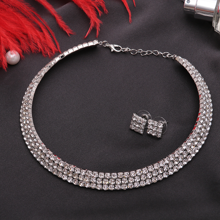 Набор 2 предмета: серьги, колье "Лёд" ноэль, 3 ряда, цвет белый в серебре